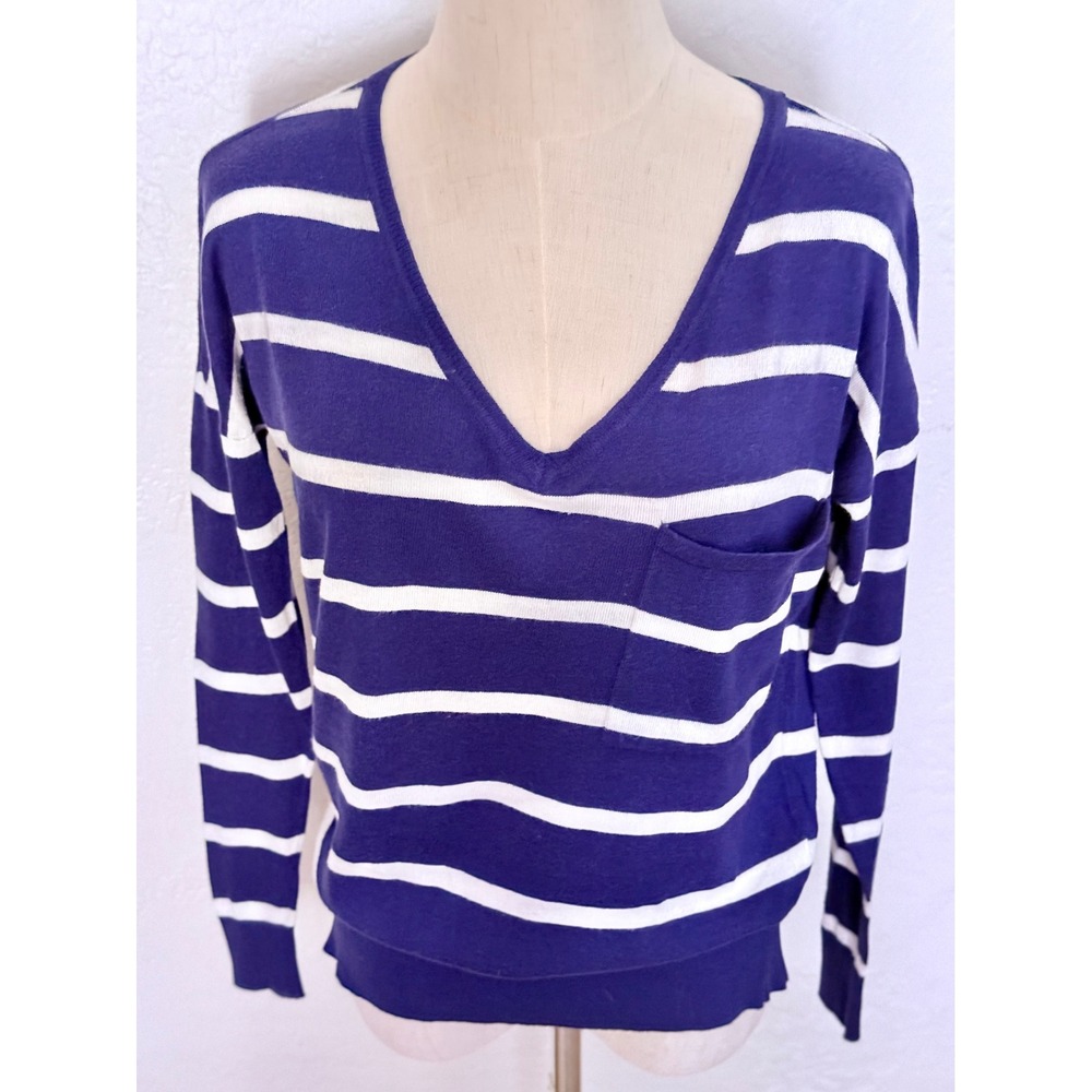 Andrea Jovine Striped V-Neck Sweater Medium Purple White Cotton NWOT Preppy